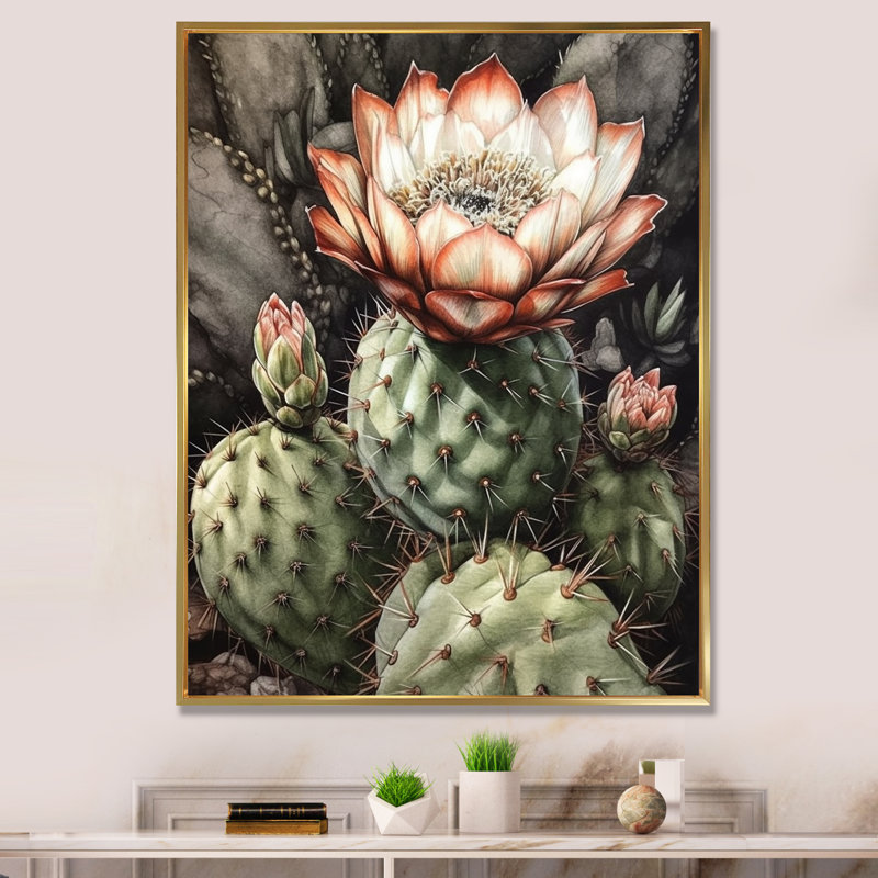 «Blossoming Cactus Flower I», reproduction sur toile, H 20 po x l 12 po, Cadre flottant doré