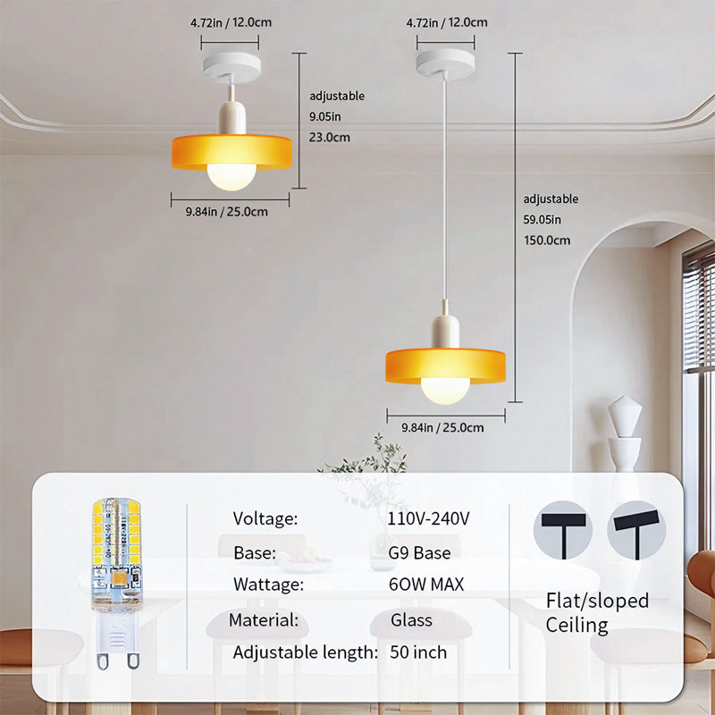 Luminaire suspendu 0 lumière, Orange, Blanc, H 7,8 po x l 9,84 po x P 9,84 po