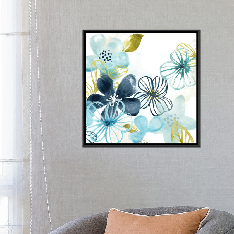 «Aqua Flora I», reproduction sur toile, H 18 po x l 18 po x P 1,5 po, Toile avec cadre noir, Pas de tapis