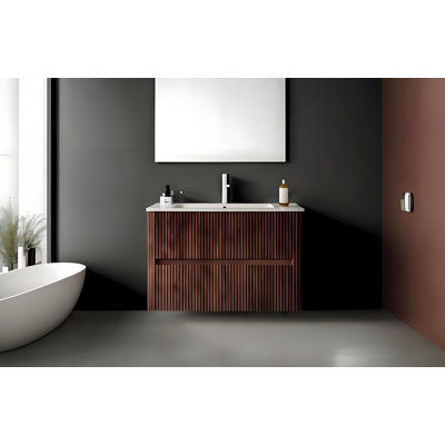 Meuble-lavabo flottant mural moderne de 30 po avec lavabo, armoire de rangement en contreplaqué avec 2 tiroirs, cuve en céramique blanche équipée d'un couvercle et d'un drain