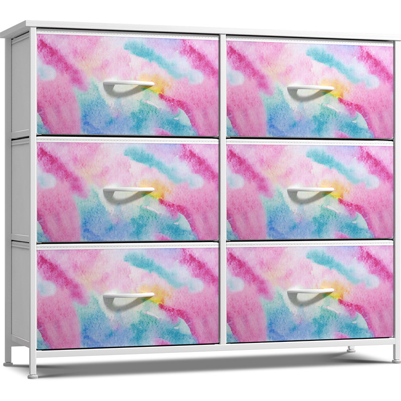 6 Drawers Dresser with Steel Frame, Wood Top, Fabric Bins - Tie-Dye Pink, Tie-Dye Pink