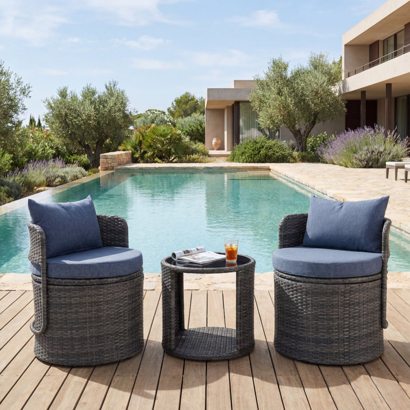 3 Pieces Outdoor Conversation Sets With Cushion, Cambelle 2-Person Outdoor Rattan Seating Group, Blue