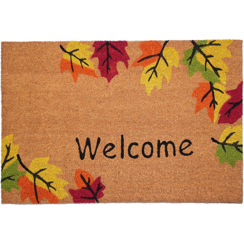 17" X 29" Natural Red and Yellow Coir Leaves Welcome Outdoor Fall Door Mat