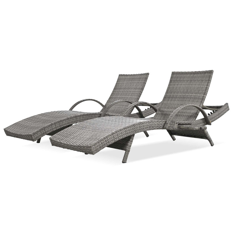 80'' Outdoor Wicker Chaise Lounge Chairs Set Of 2, Patio Rattan Reclining Chair Pull-Out Side Table Adjustable Backrest Ergonomic Wave Design Pool Sunbathing Recliners
