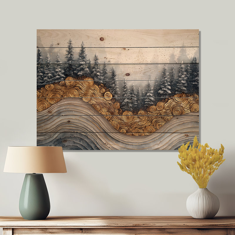 Hiver, chemin forestier de la rivière Crystal II - décoration murale en bois forêt - sur bois de pin naturel