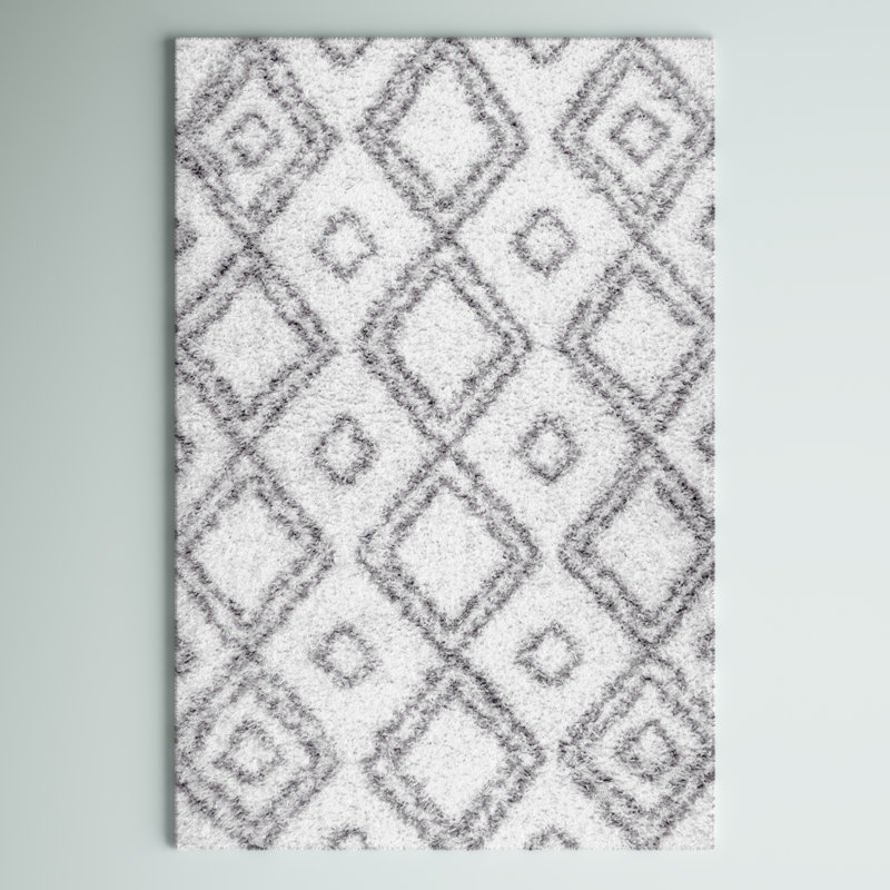 Kosinski Trellis Runner Shag Rug for Living Room Bedroom Dining Room Nursery Entryway Hallway, White/Grey, Oval 6'7" x 9'
