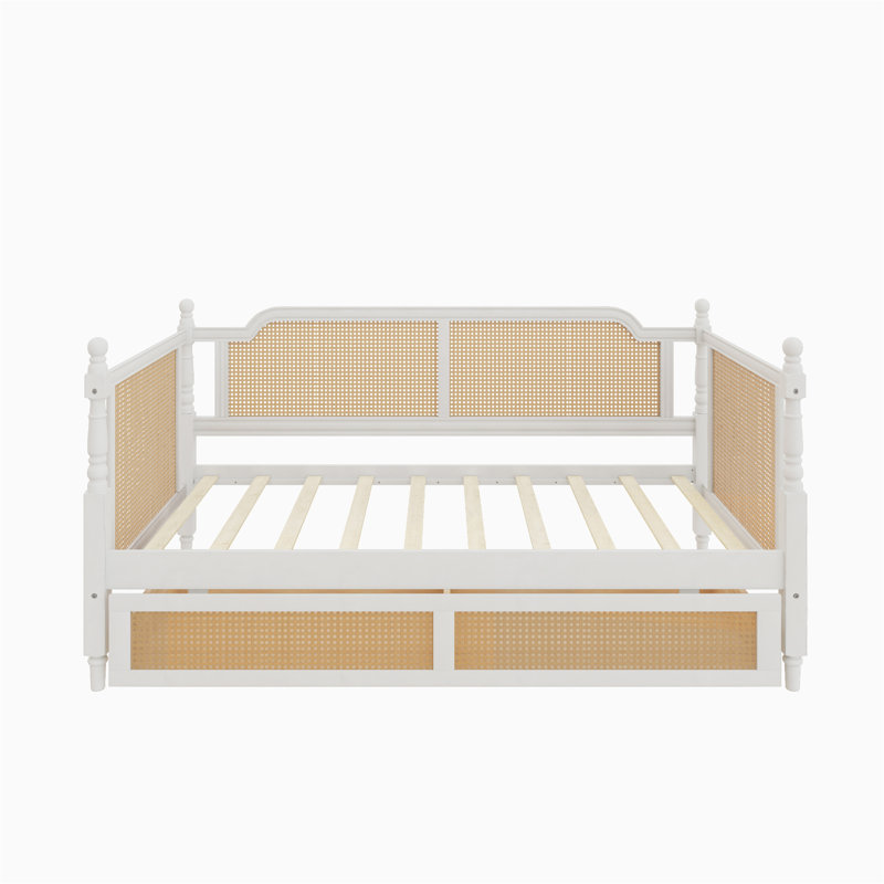 Traditional Style Rattan Daybed with 2 Drawers, Twin, White