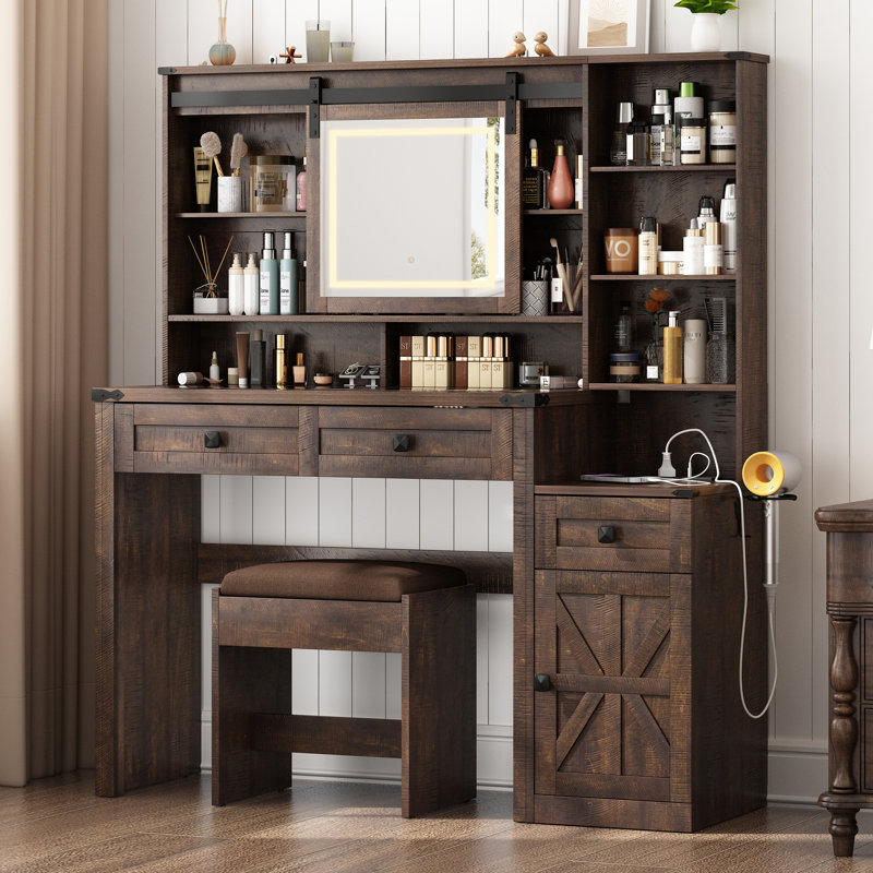 Barn Door Makeup Vanity Set with Lighted Mirror & Socket