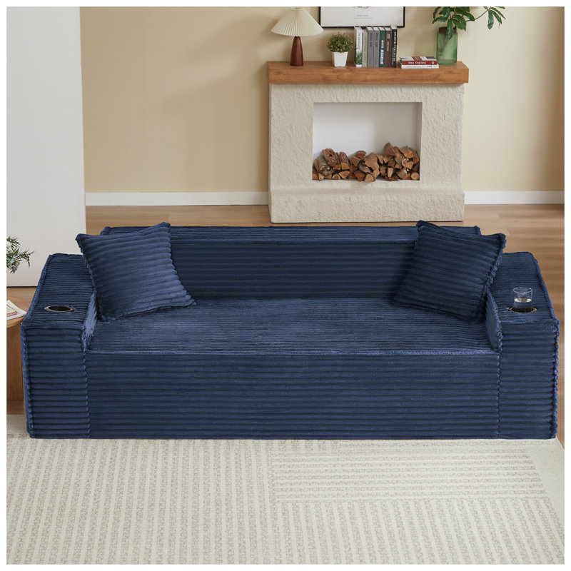 Canapé 3 places sans ossature apparente, design moderne « nuage » avec support à ressorts ensachés, aucun assemblage requis, revêtement en mousse bleue pour salon et appartement