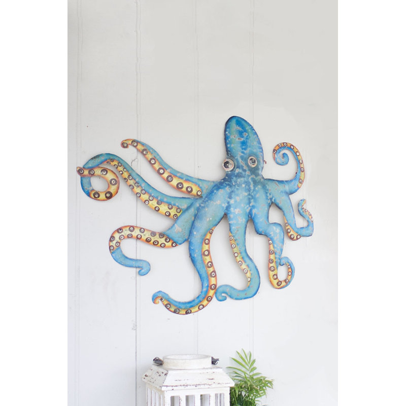  Décoration murale en métal pieuvre métallique H 28 po - Bleu martelé à la main