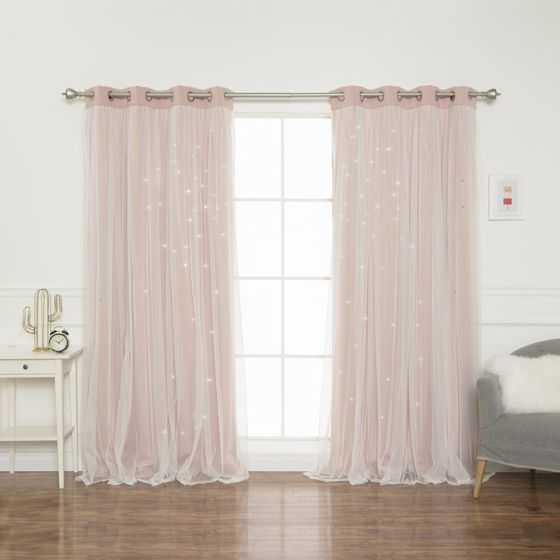 Jenifer Tulle Overlay Star Cutout Solid Room-Darkening Grommet Curtain Panels, 52" W x 63" L, DustPink