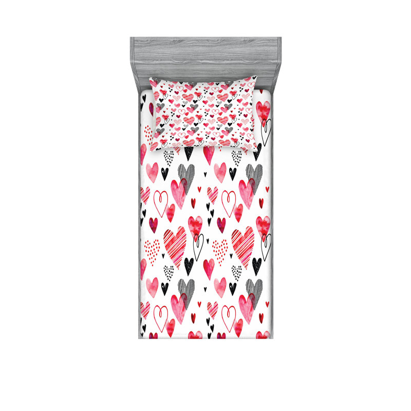 Drap-housse et coussin décoratif Ambesonne Valentines, noir, rouge, rose, Twin Fitted Sheet Set + 2 Pillow Cases