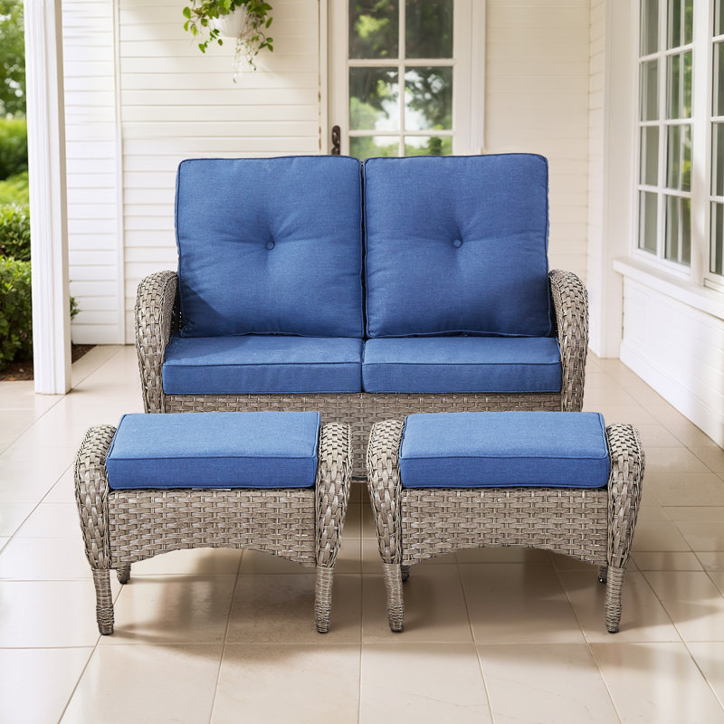 Causeuse de terrasse extérieure en osier de 50 po de large avec repose-pieds, Bleu, Gris