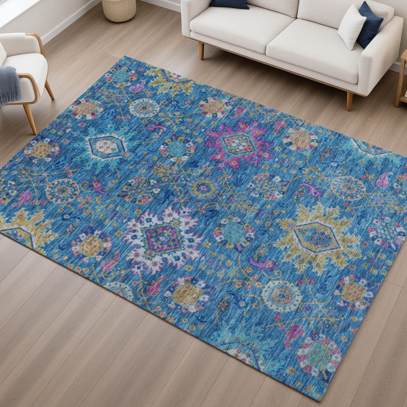 Premium Machine Washable Mayfield AMF2151 medallions Rug, Blue, Rectangle 9' x 12'
