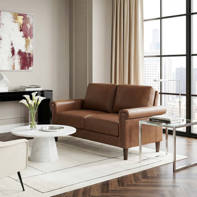 Traditional Design Faux Leather Loveseat with Nailhead Trim, Perfect for Cozy and Stylish Living Room Seating