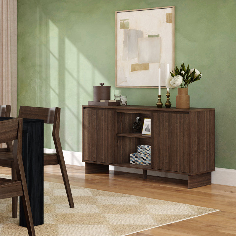 Meuble télé / buffet moderne 2 portes avec tablette centrale (59 x 16 x 30 po), noyer, H 30 po x L 59 po x l 16 po, Noyer
