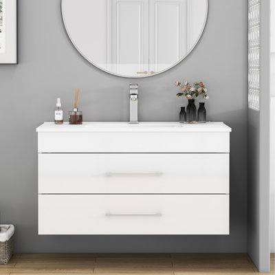 Meuble-lavabo mural blanc brillant 36 po avec tiroirs doubles, système de fermeture en douceur, lavabo en céramique, longue poignée en métal, installation facile, blanc brillant