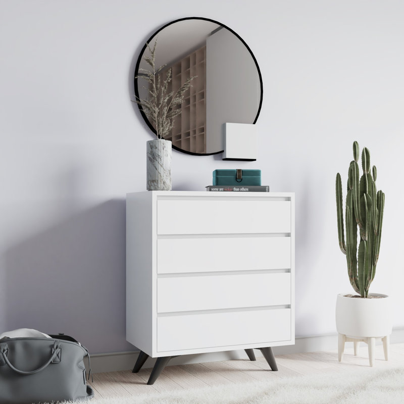 Modern White Dresser with 4 Drawers & Multiple Shelves, 27.6 x 33.9 x 15.7 inches | 100% Melamine Coated Particle Board, Thickness: 0.7 inches | Wall-Mountable Design, Sleek & Functional Storage Solution for Any Room