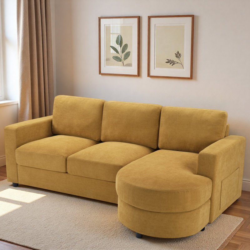 Modern L-shaped Sectional Sofa With Curved Chaise Lounge, Usb Ports And Side Storage Pockets, Yellow Chenille