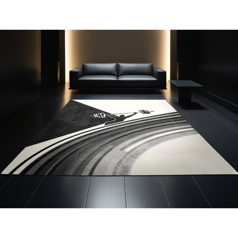 Machine Washable Yonkers Weightlifting Clean Jerk Olympic Sleek & Chic Modern Arc Rug in Beige – Black Binding, 8x12