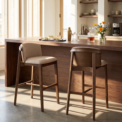 Latham 30.75'' Seat Height Mid-Century Modern Solid Wood Upholstered Bar Chairs with Curved Backrest and Cushioned Seat