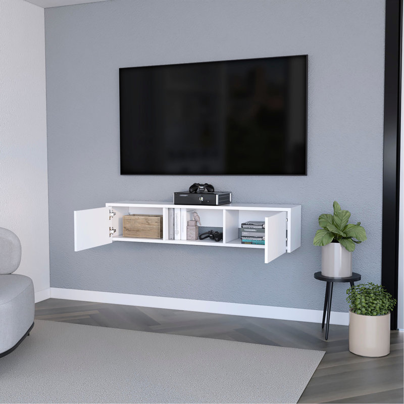Meuble télé moderne blanc flottant à 2 portes, idéal pour les petits espaces, qui permet d'organiser les médias, s'adapte aux téléviseurs de 40 à 49 po et compacte, permet d'organiser efficacement les composants,