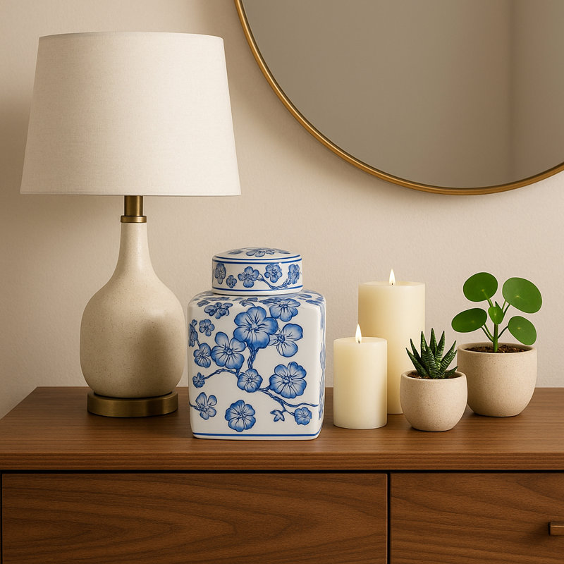 Pot décoratif en céramique de cerisier chinois avec couvercle - Décoration intérieure pour table haute et accessoires floraux - 9 po, bleu et blanc