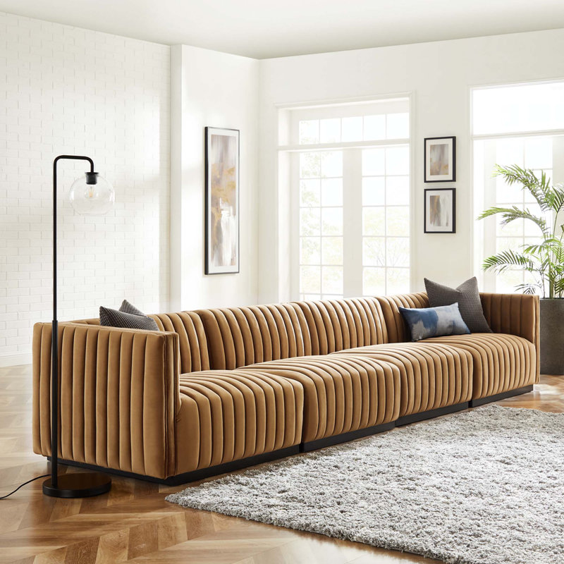 Conjure Channel Tufted Sofa by Modway, Cognac Velvet, Black, 28" H x 155" W x 36.5" D