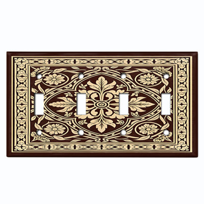 Metal Light Switch Plate Cover; US Standard Size 4 Gang Toggle - Printed Image of Damask Floral Pattern