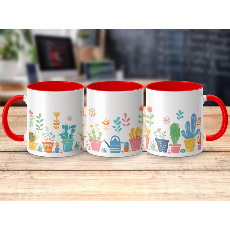 Kids Drawing Style 11oz Accent Mugs – Ceramic Coffee Cup with a Red Handle and Interior