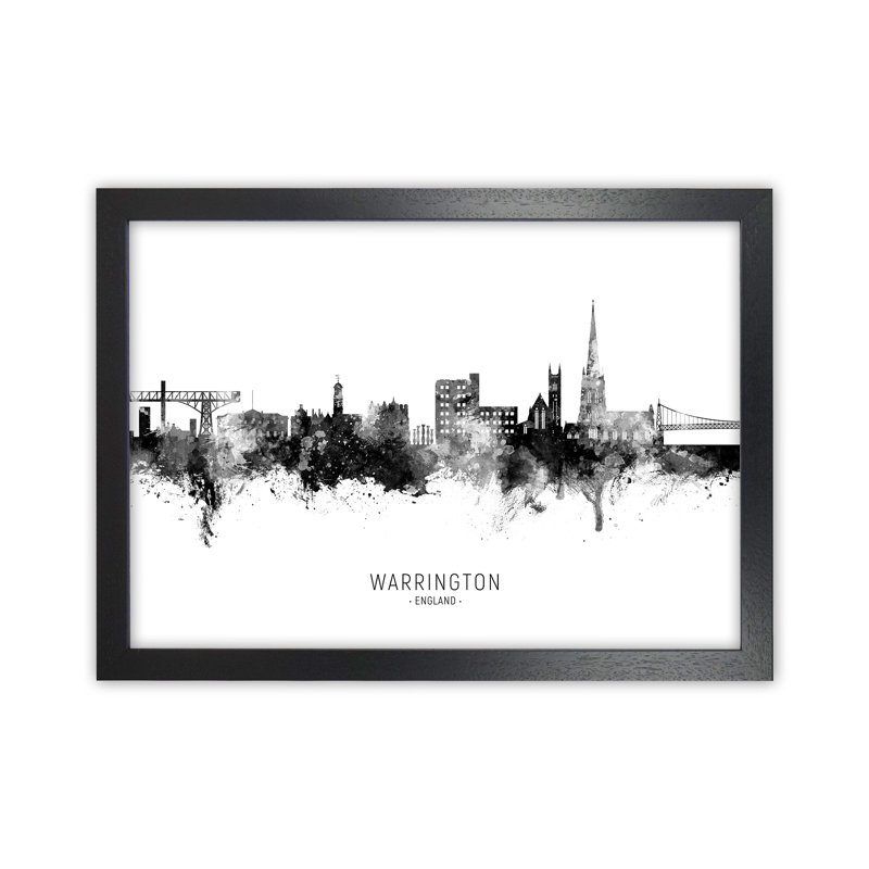 Warrington England Skyline Black White City Name by Michael Tompsett - Print, Black Framed, 64cm H x 88cm W x 3cm D