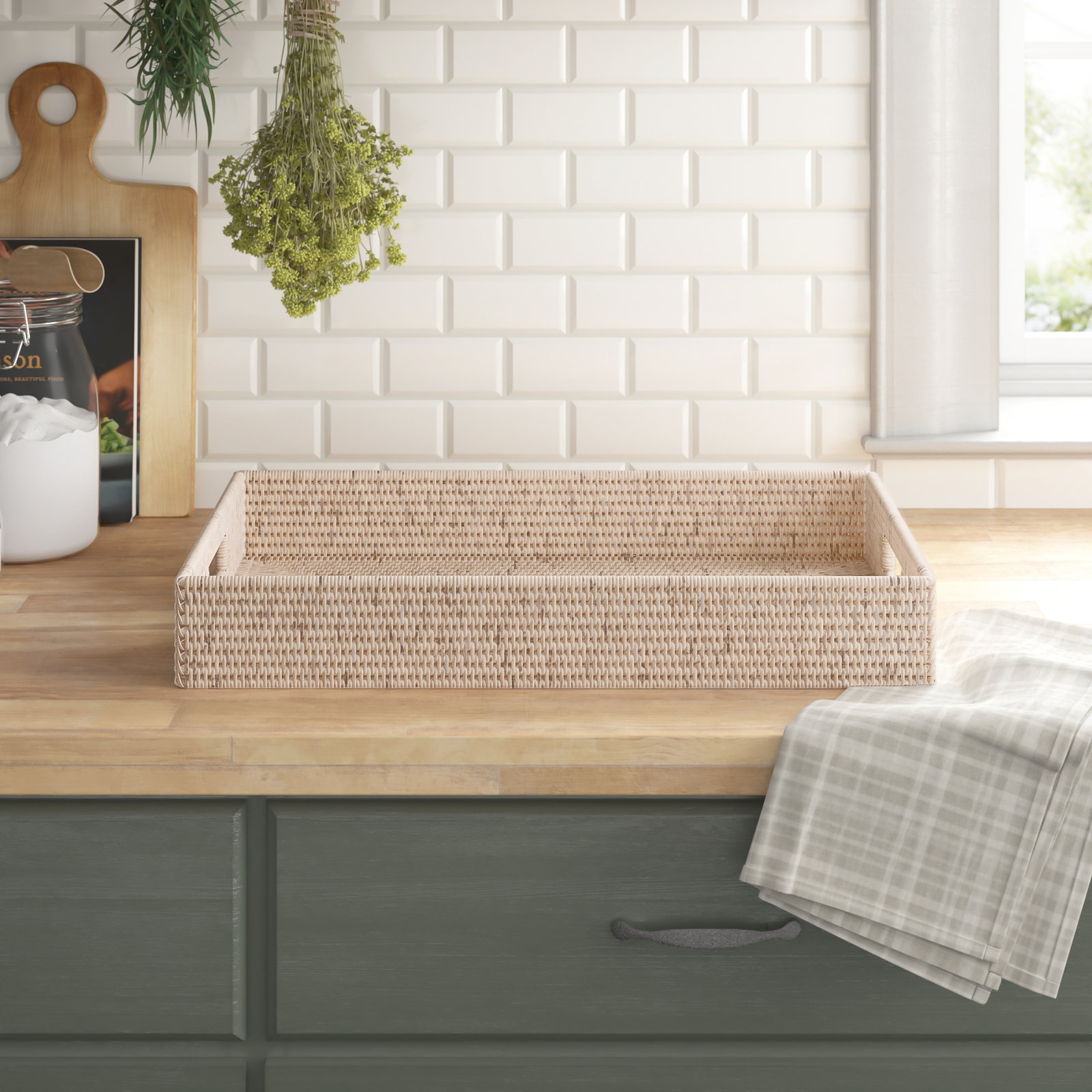 Edmond Rattan Tray - Set of 1, 3" H x 22" L x 15" W, White Wash