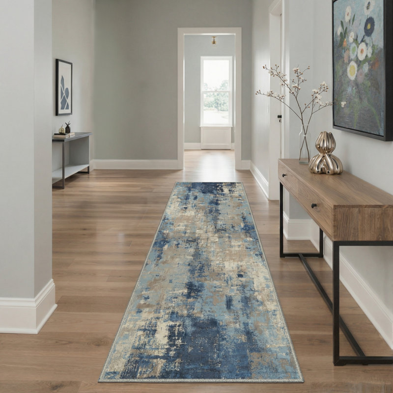 Aura Abstract Machine Washable Grey / Blue Indoor Area Rug with Non-Slip Backing, Runner 2' x 7'