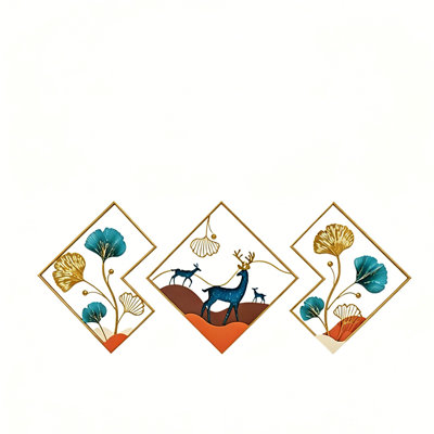 Ensemble d'art mural en métal 3 pièces, feuille de ginkgo moderne et décoration murale cerf, vestibule suspendu horizontal / vertical polyvalent pour le salon et la chambre à coucher