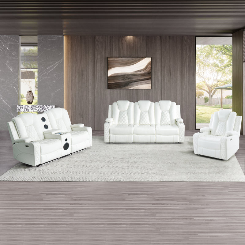 Ensemble de 3 fauteuils de mouvement de luxe, causeuse et canapé de qualité supérieure avec appui-tête réglable, Blanc