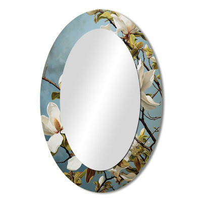 White Yellow Magnolias Magnolia Harmony - Floral Oval Decorative Mirror On Metal
