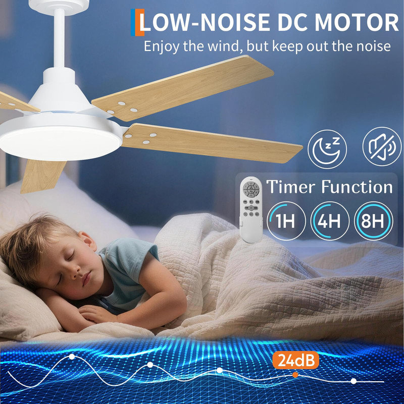 Ventilateur de plafond à profil bas 52 po avec lumière DEL et télécommande - à intensité variable, 3CCT, moteur réversible, minuterie pour chambre à coucher