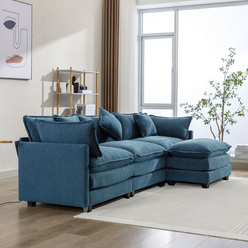 Canapé modulaire rembourré, Chenille bleue marine, H 33 po x l 112,2 po x P 35,4 po