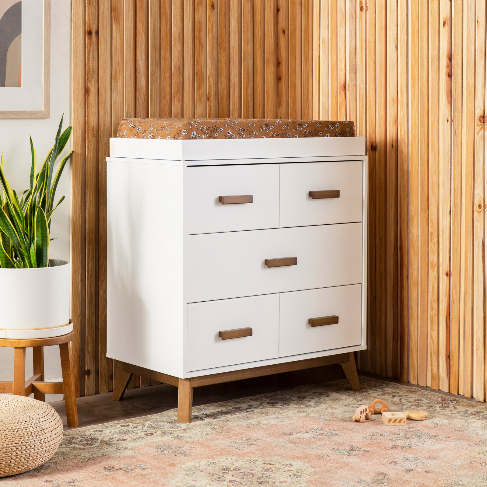 Scoot 3-Drawer Changing Table, White/Natural Walnut