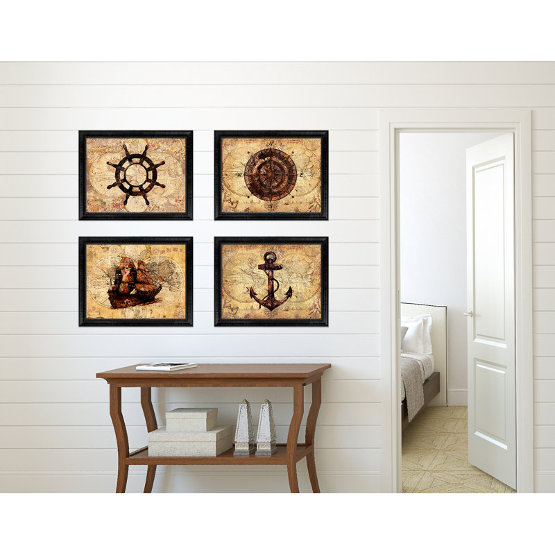 Bateau, carte nautique rétro, reproduction d'art textuel sur toile, Encadrement noir, H 30 po x l 39 po