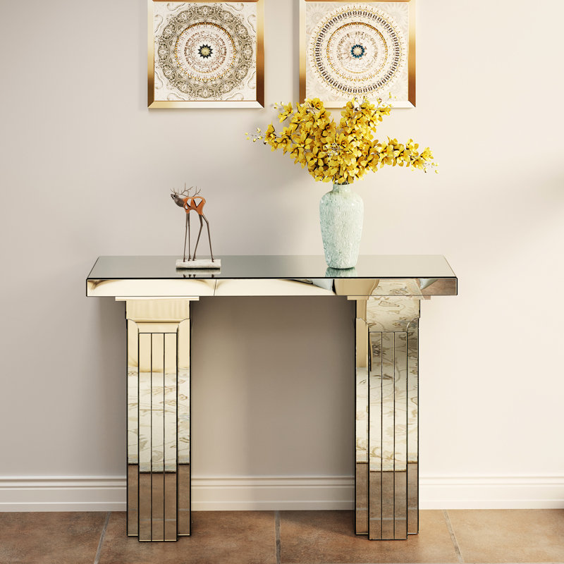 Table à miroir rectangulaire moderne, finition argentée, bord à plusieurs niveaux, convenant à la décoration, cadre
