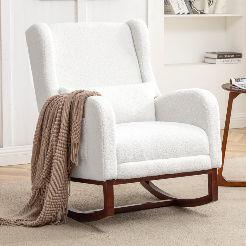 Chaise berçante de 30 po de largeur avec pieds et repose-pieds en bois massif, Ourson blanc