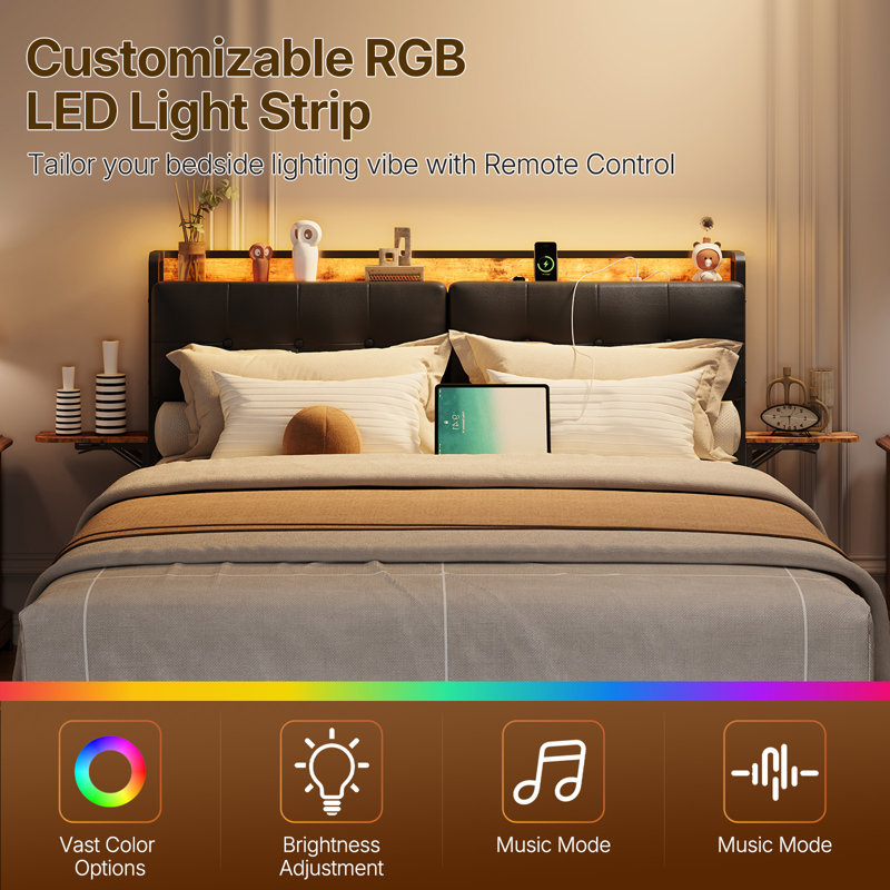 Nottaway Queen Size Bed Frame with Power Outlet, 2 Folding Panels, Upholstered Headboard and LED Light Strip, Queen