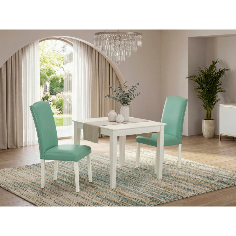 3 Piece Dinette Set for Small Spaces Contains a Square Dining Room Table and 2 Pond Faux Leather Parsons Dining Chairs, Linen White