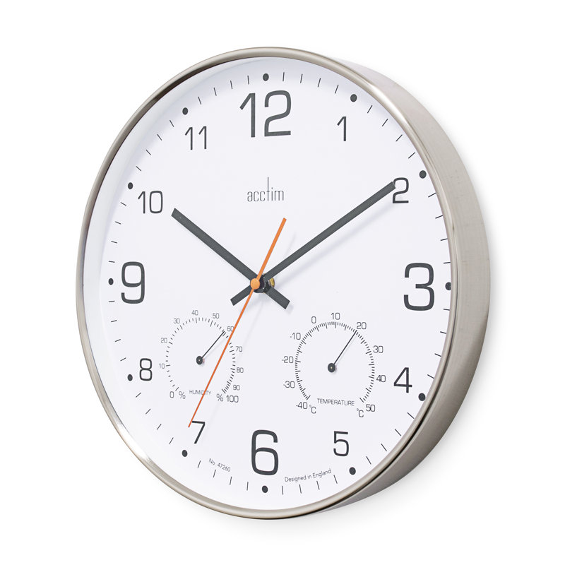 Acctim Komfort Wall Clock Non-Ticking Sweep Metal Case Thermometer Hygrometer Display Brushed Steel 30cm