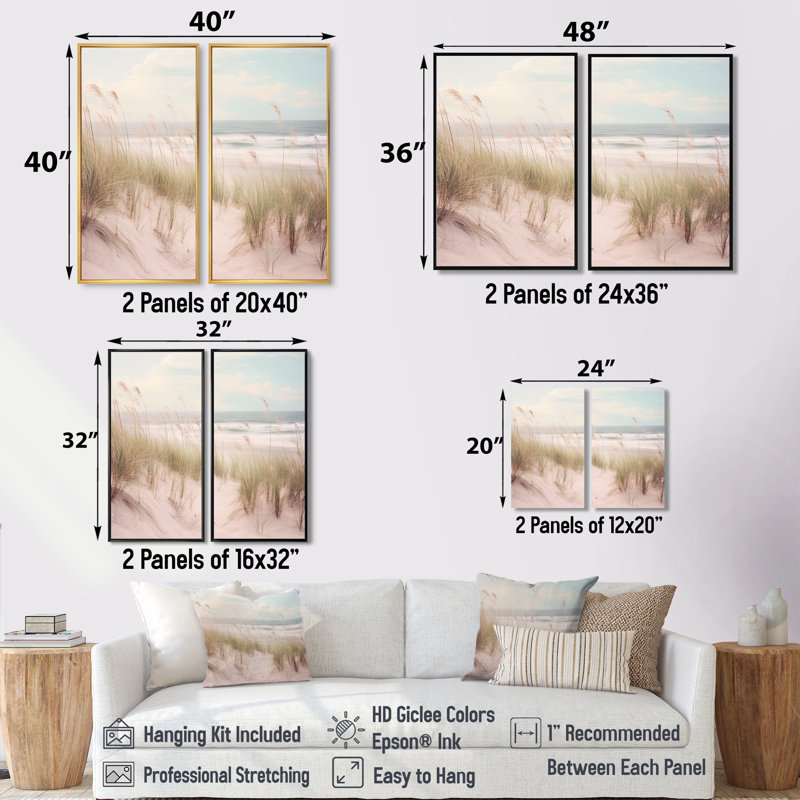 «Ocean Spring Bliss Tender Pastel Beach Grass» - art mural nautique rose, H 32 po x l 32 po, Brun