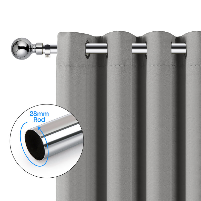 Extendable Plain Metal Curtain Pole And Hardware Set with Finials, 120-210cm Width, Chrome