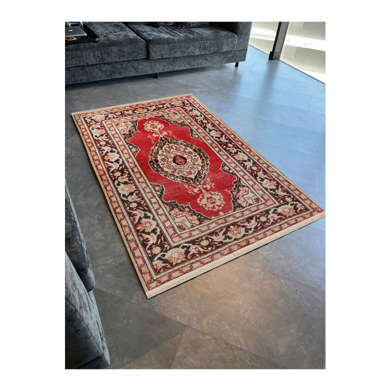 Tapis décoratif beige à motif floral traditionnel lavable à la machine, Rectangle 5 pi 1 po x 7 pi 7 po