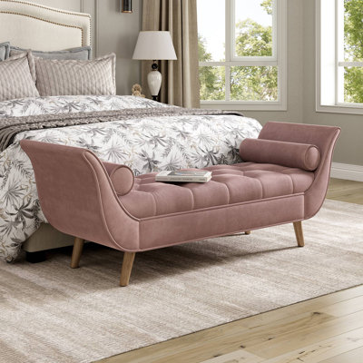 Banc rembourré en velours, banc de bout de lit avec 2 coussins, repose-pieds capitonné capitonné, repose-pieds à accoudoirs roulés, repose-pieds avec pieds en bois massif