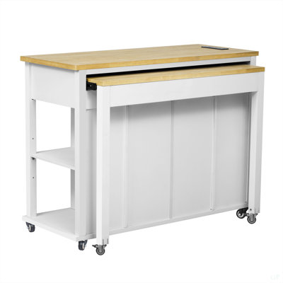47 Inch Kitchen Island With Extendable Dining Table, Rubber Wood Veneer Kitchen Table With Internal Storage Rack, Power Outlet, Kitchen Island With Storage 2 Drawers 2 Cabinet